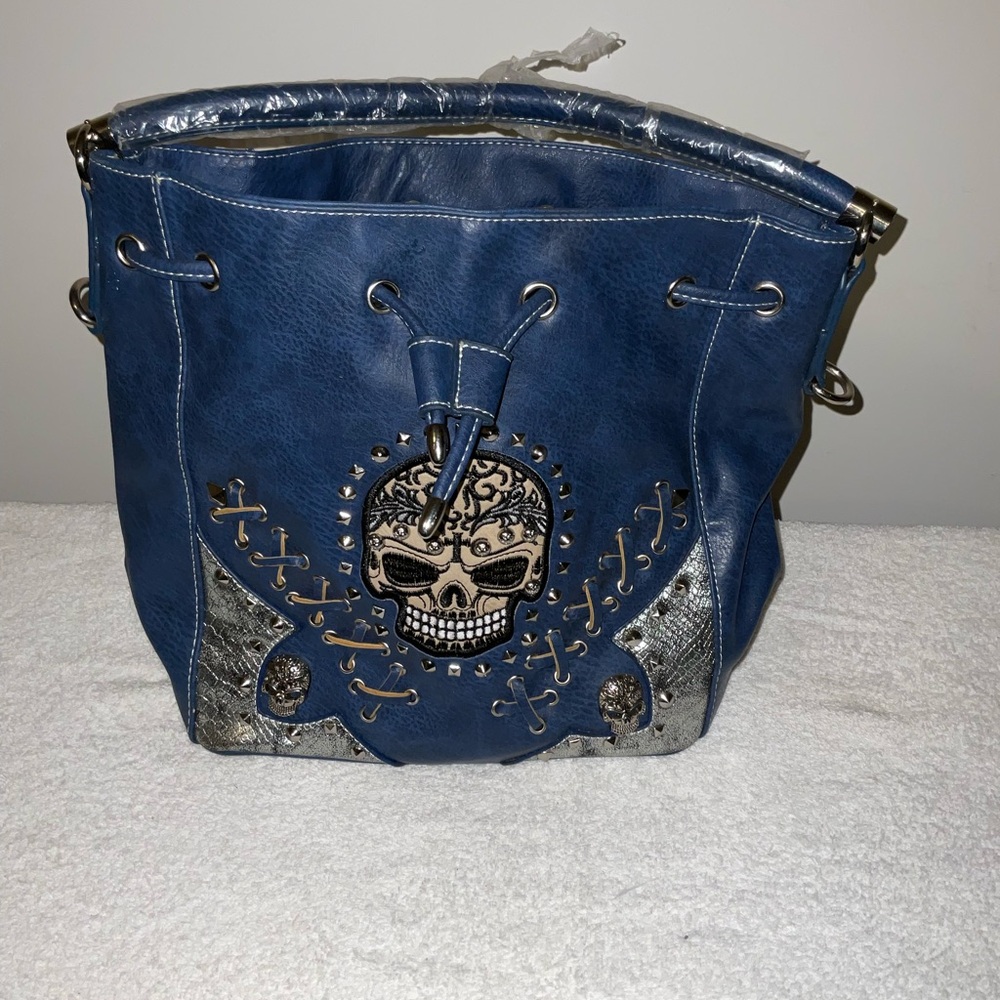 Blue and Silver Women's Bag with Skull Design